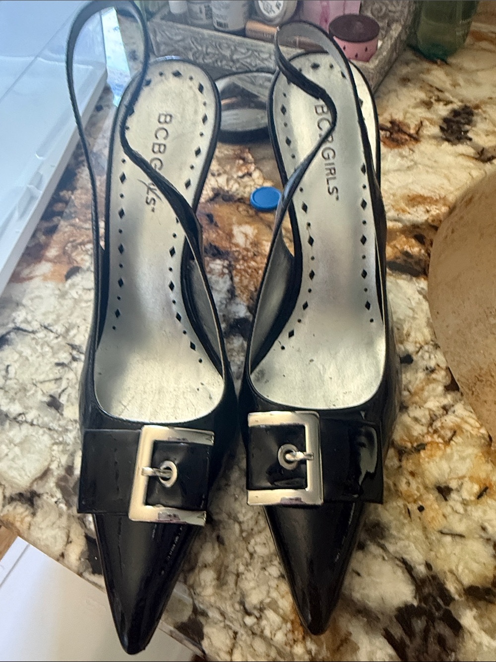 BCBGirls Black Patent Pointed Slingback Pumps with Buckle Accent